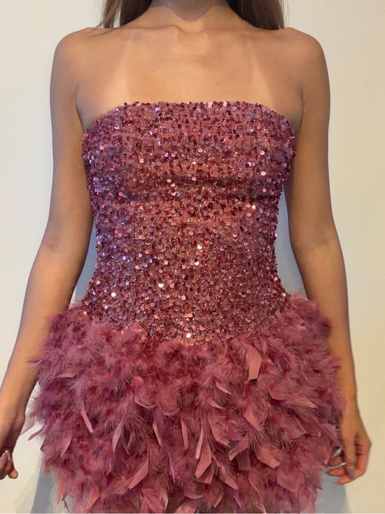Fashion Nova Dresses & Skirts - Fashion Nova Strapless Sequin & Feather Mini Dress - Rose Pink